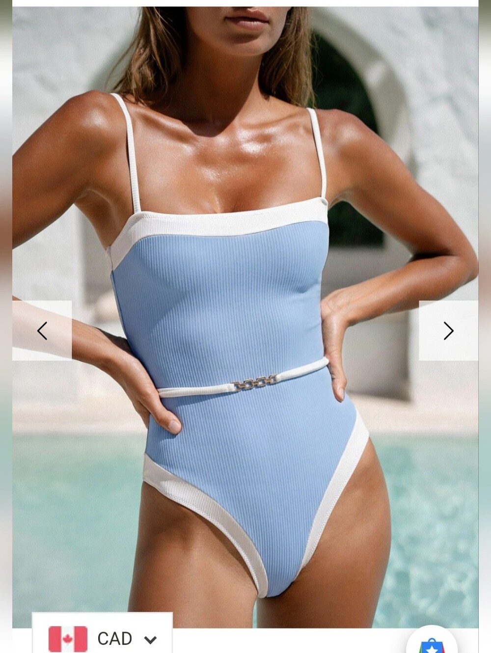 Women’s Light Blue One-Piece Swimsuit with White Trim - Picture 2 of 6
